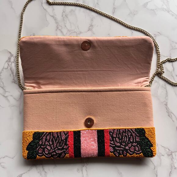 Beaded Floral Crossbody Clutch Bag – Pink Yellow Boho Embellished Purse - Picture 6 of 7